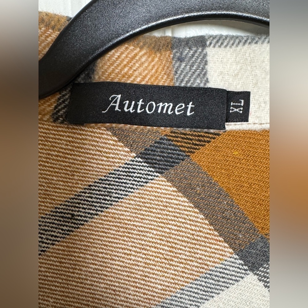 Automet XL Plaid Shacket Jacket Brown Cream Button Front Oversized Flannel - Picture 9 of 10